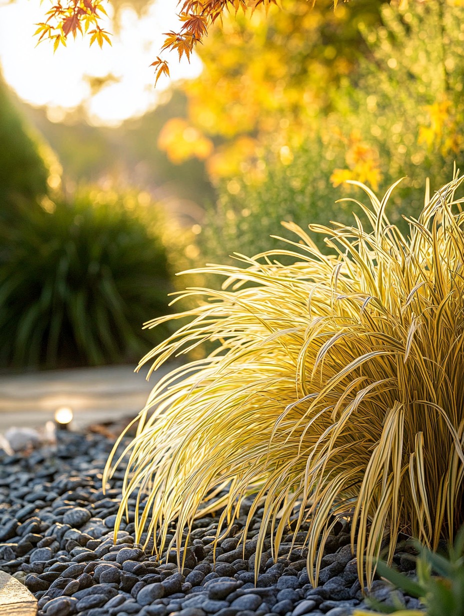 Hakonechloa macra Aureola — geelgroen golvend gras langs een natuurstenen pad