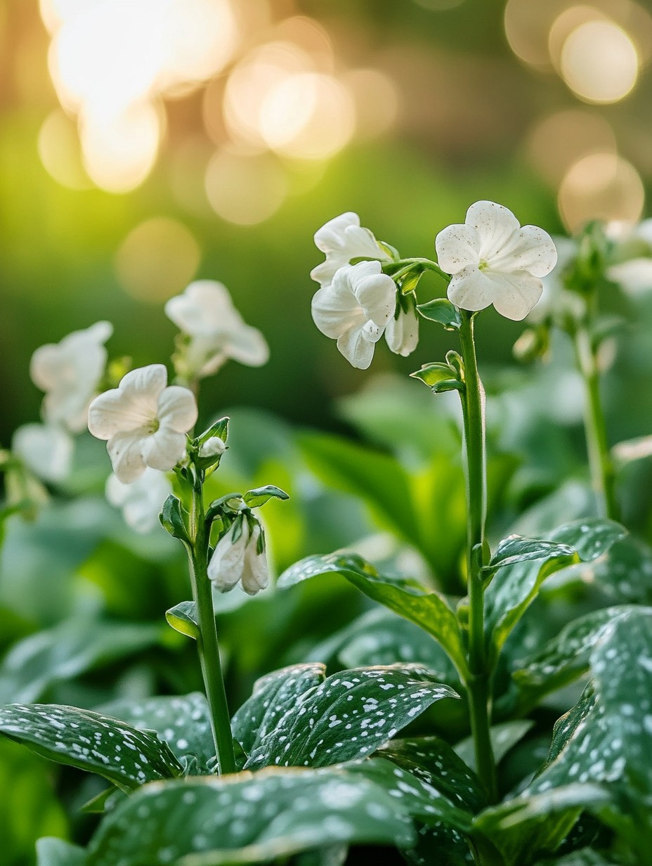 Pulmonaria Sissinghurst White — witte vroege bloei boven zilver-gespikkeld blad