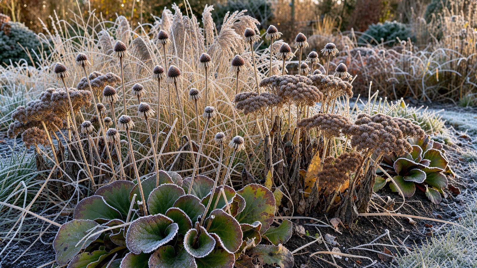 Vaste plantenborder in de winter met berijpte siergrassen en zaadhoofden